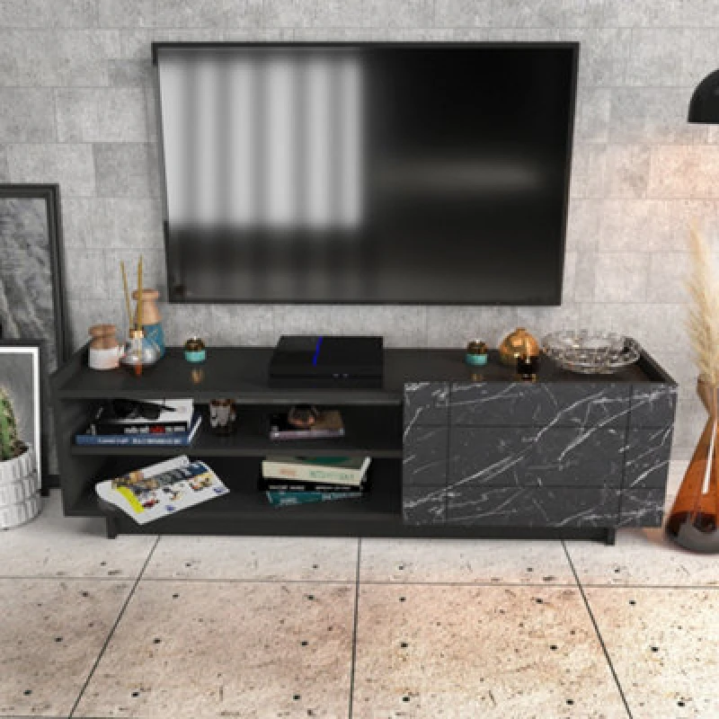 Image of Decorotika Valantina TV Stand TV Unit For Tvs Up To 63" Black & Black Marble Effect