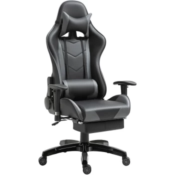 Image of High-Back Gaming Chair Swivel Home Office Computer Racing Gamer Recliner Chair Faux Leather with Footrest, Wheels, Black Grey - Homcom