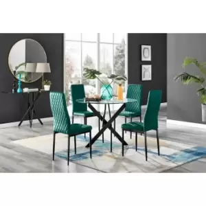 Image of Furniture Box Novara Black Leg Round Glass Dining Table and 4 Green Velvet Milan Black Leg Chairs