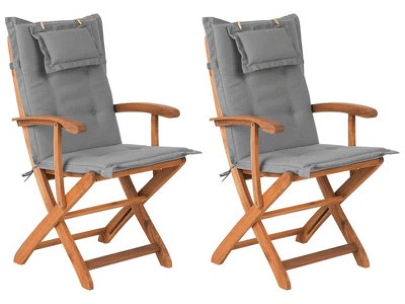 Image of Beliani Set Of 2 Garden Chairs With Cushions Maui Acacia Wood Grey