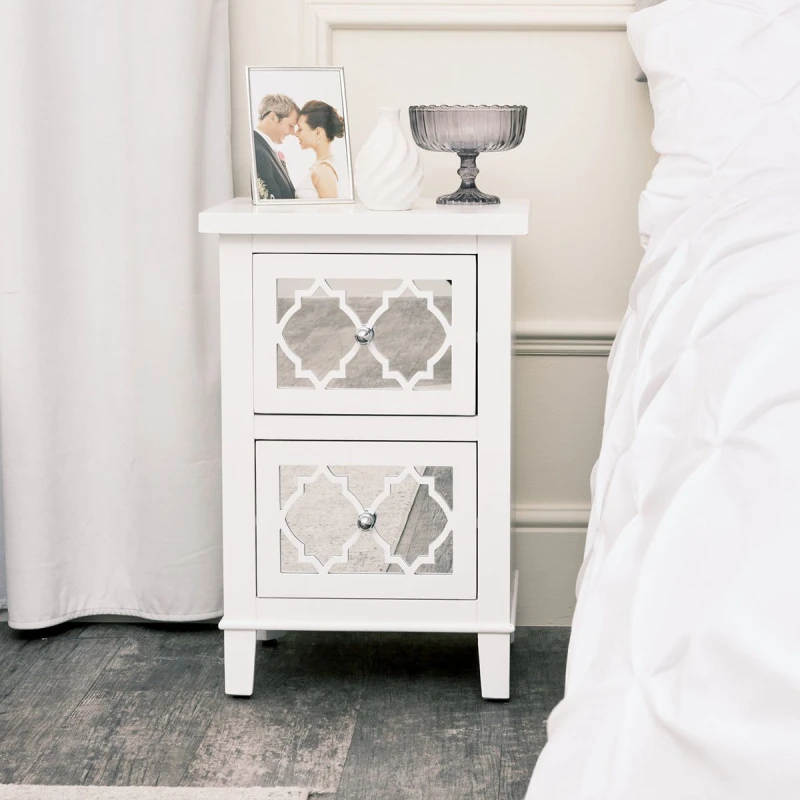 Image of Melody Maison White Mirrored Lattice Bedside Table - Sabrina White Range White