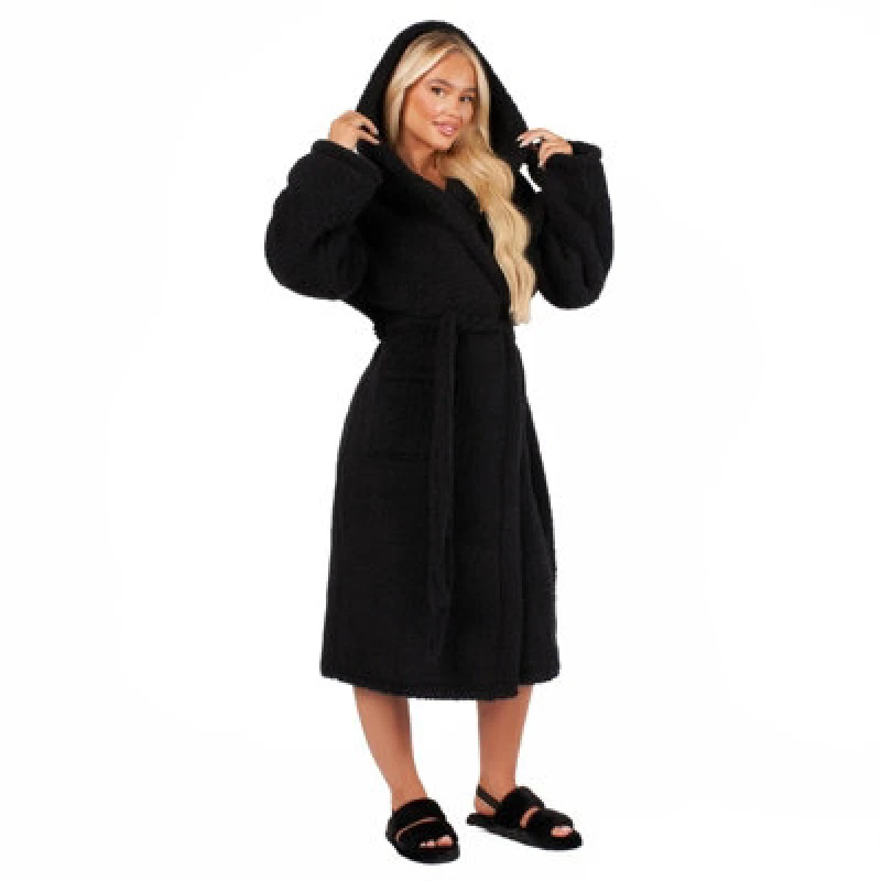Image of OHS OHS Teddy Fleece Long Dressing Gown Warm House Coat Hooded in Black One Size Unisex 5027434165209