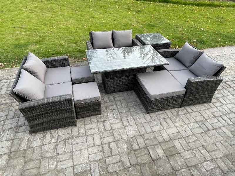 Image of Fimous Wicker PE Rattan Garden Furniture Set Height Adjustable Rising Lifting Table Sofa Dining Set with Side Table in Dark Grey Dark Grey Unisex