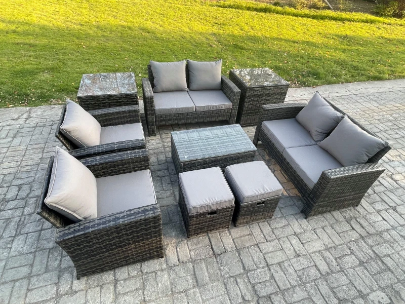 Image of Fimous Garden Furniture Sets 9 Piece Outdoor Rattan Furniture Manual Wicker Patio Sofa Chair Set with Coffee Table in Dark Grey Dark Grey Unisex