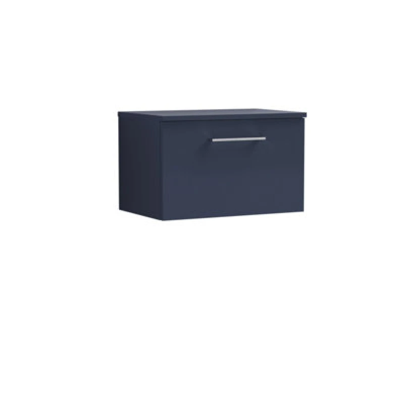 Image of Nuie Arno Wall Hung 1-Drawer Modern Vanity Unit & Black Worktop, Stylish Counter Top Vanity Unit In Midnight Blue, 600mm