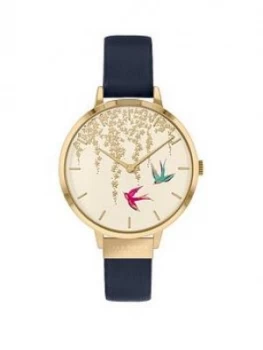 Image of Sara Miller White And Gold Detail Swallow Dial Navy Leather Strap Ladies Watch