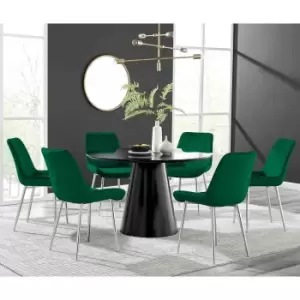 Image of Furniture Box Palma Black Semi Gloss Round Dining Table and 6 Green Pesaro Silver Chairs