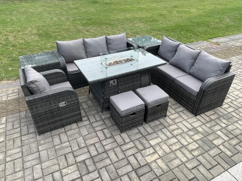 Image of Fimous 9 Seater Wicker Rattan Garden Furniture Set Gas Fire Pit Dining Table Reclining Chair 3 Seater Sofa Set Indoor Outdoor with Side Table Dark Gre