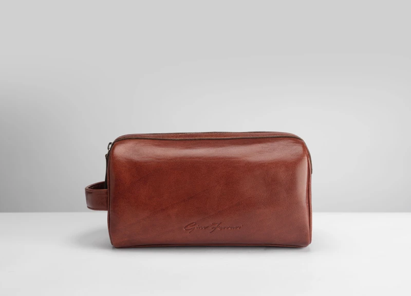 Image of Gino Ferrari Mens Cognac Brown Leather Wash Bag Bathroom Travel Essentials Brown Male One Size