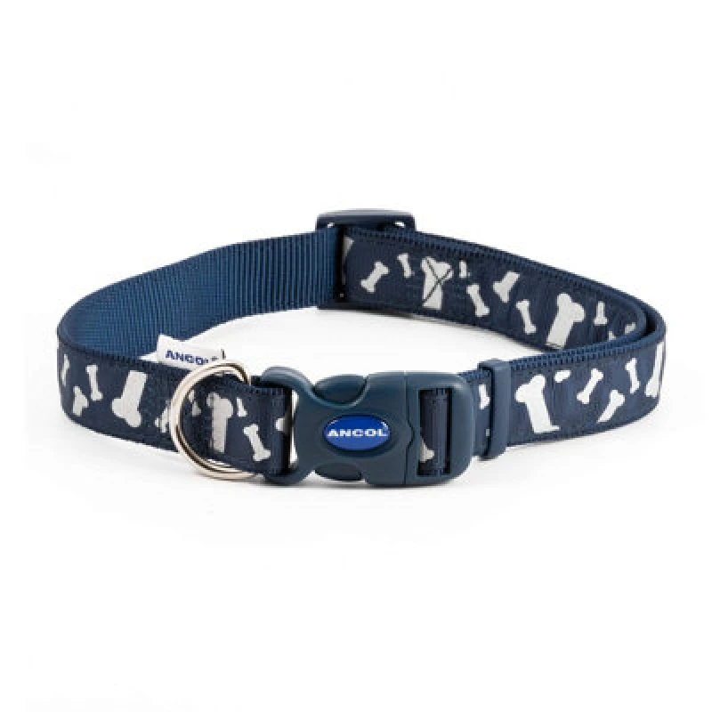 Image of Ancol Blue Bones Print Reflective Adjustable 20-30cm Fashion Dog Collar Blue