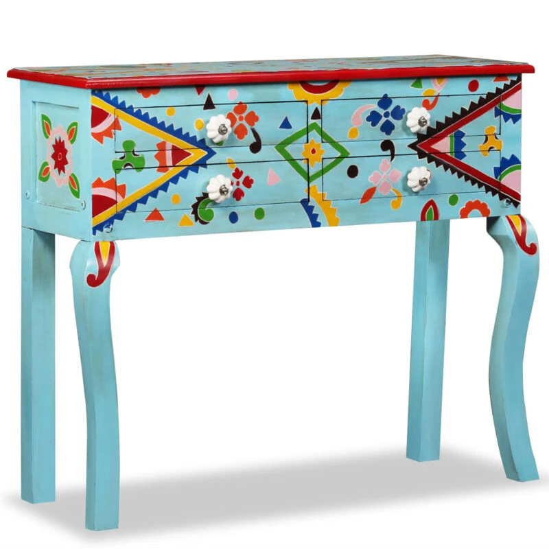Image of vidaXL Solid Mango Wood Console Table Blue Hand Painted 4 Drawers Bedroom