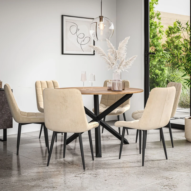 Image of More4Homes Malvern Round Dining Table And Chairs - Oak Table Top W Solid Black Oak Legs + Nova Velvet Dining Chair Set Of 6 (Beige)