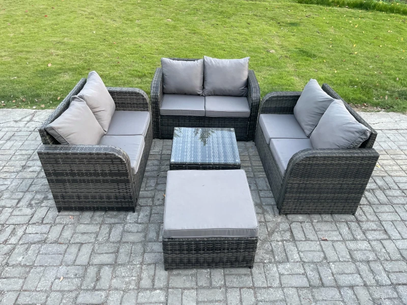 Image of Fimous Outdoor Garden Furniture Sets 7 Seater Wicker Rattan Furniture Sofa Sets with Square Coffee Table Love seat Sofa Big Footstool Dark Grey