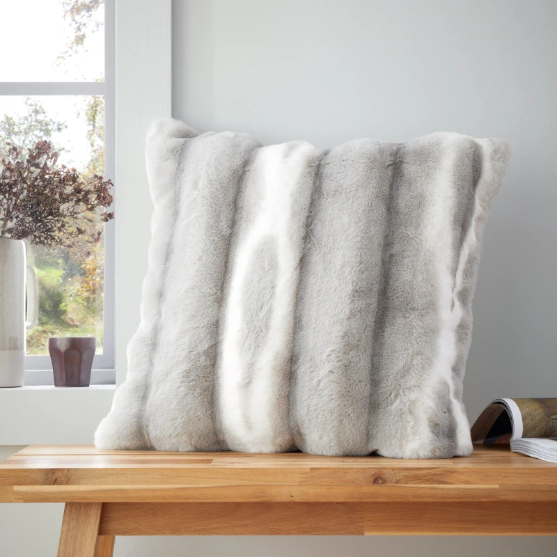 Image of Catherine Lansfield Flint Cosy Faux Fur Cushion Cushions 45x45cm Silver 42473911045