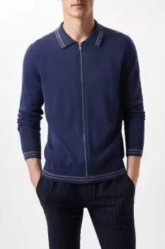 Image of Pure Cotton Blue Tipped Long Sleeve Zip Knitted Shirt