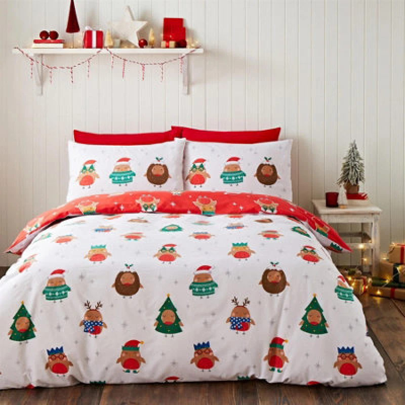 Image of Catherine Lansfield Party Robins Duvet Cover and Pillowcase Set White
