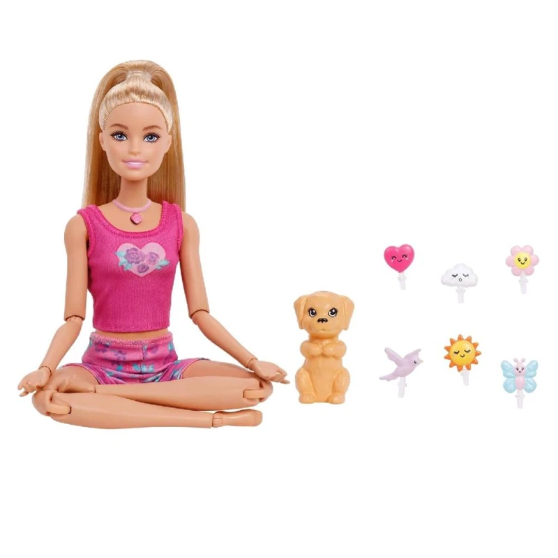 Image of Barbie Mindful Moves Yoga Clothes Doll with 6 Guided Meditation Audio Clips Music and Lights Puppy with 6 Plug-in Accessories Blonde
