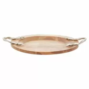 Image of Interiors By Ph Large Round Tray, Acacia Wood, Aluminium Leaf Handles