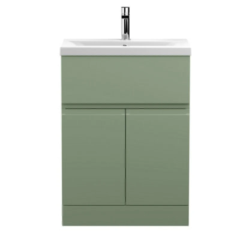 Image of Hudson Reed Urban Floor Standing 2 Door 1 Drawer Vanity Unit With Mid-Edge Basin, Durable Modern Vanity Unit In Satin Green, 600mm