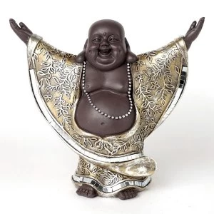 Image of Brown and Silver Chinese Laughing Buddha with Hands Up