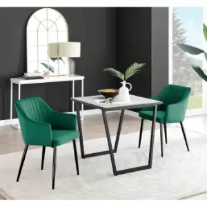 Image of Furniture Box Carson White Marble Effect Square Dining Table and 2 Green Calla Black Leg Chairs