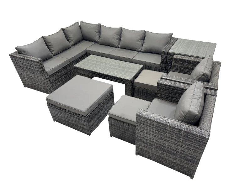 Image of Fimous 9 Pieces Garden Furniture Corner Sofa Set & 3 Footstools Side Table in Dark Grey Dark Grey Unisex