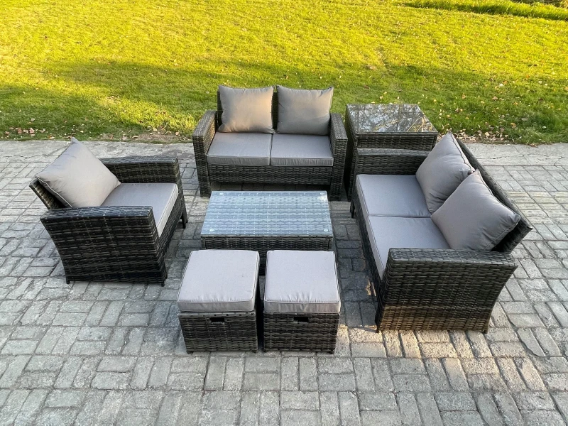 Image of Fimous Rattan Garden Furniture Set 7 Seater Patio Outdoor Lounge Sofa Chair Set with Side Table Rectangular Coffee Table 2 Small Footstools Dark Grey