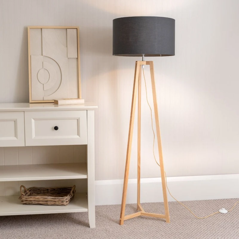 Image of ValueLights Lottie Natural Wood Tripod Floor Lamp with Fabric Drum Shade Charcoal