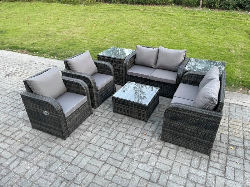Image of Fimous 6 Seater Rattan Sofa Set Outdoor Garden Furniture Set with Square Coffee Table Loveseat Sofa Reclining Chairs 2 Side Tables Dark Grey