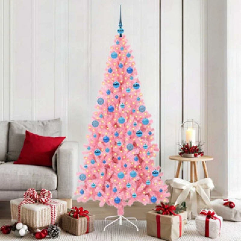 Image of vidaXL Christmas Tree with 300 LEDs with Stand, Blue Balls Pink 180cm PVC, Pink 3396436