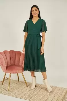 Image of Green Pleated Wrap Over Dress