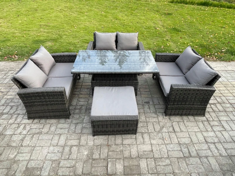 Image of Fimous 7 Seater Rattan Wicker Garden Furniture Patio Conservatory Sofa Set with Height Adjustable Rising Lifting Table Big Footstool in Dark Grey Dark