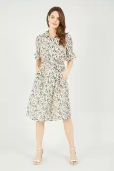 Image of White Floral Shirt Dress With Angel Sleeve