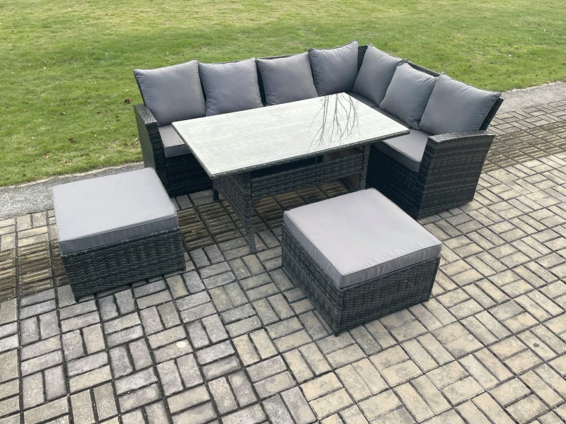 Image of Fimous 8 Seater Outdoor Furniture Garden Dining Set Rattan Corner Sofa Set with Rectangular Dining Table Big Footstool Dark Grey Mixed Dark Grey Unise