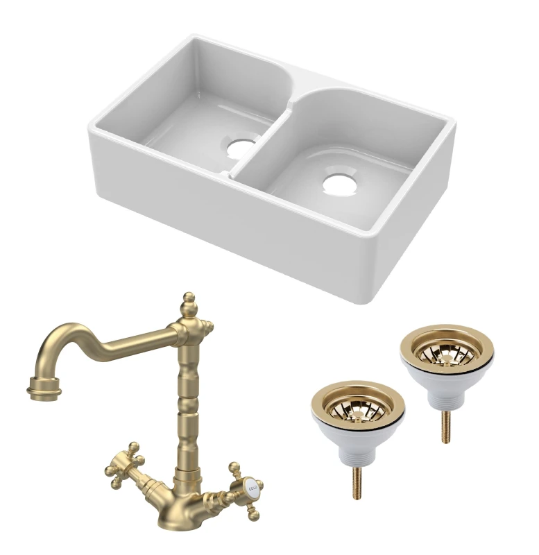 Image of Balterley 2 Bowl Stepped Weir Butler Sink Wastes Tap Brushed Brass 795mm Bronze