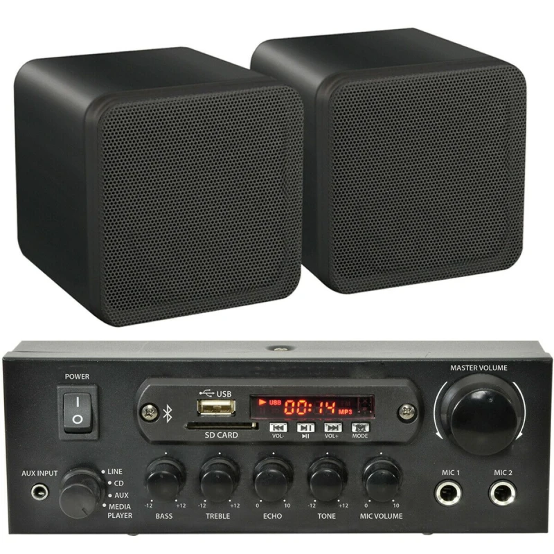 Image of Loops 110W Bluetooth Amplifier & 2x 80W Black Shelf Speakers Compact Wireless HiFi Kit Black unisex