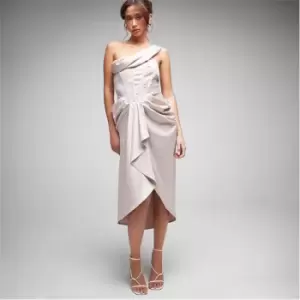 Image of Missguided Satin Ruched Asymmetric Corset Midi Dress - Gold