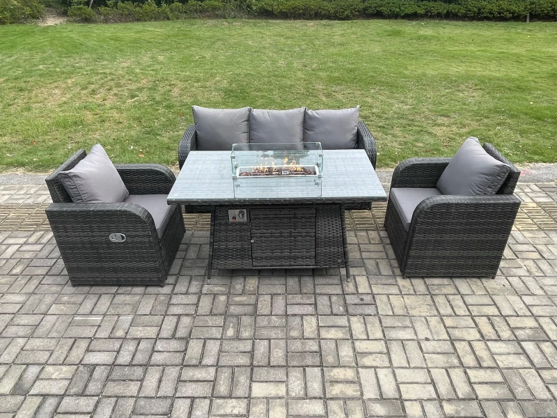 Image of Fimous Garden Patio Furniture Wicker Rattan Gas Fire Pit Table and Chair set with 3 Seater Sofa Dark Grey Mixed Dark Grey