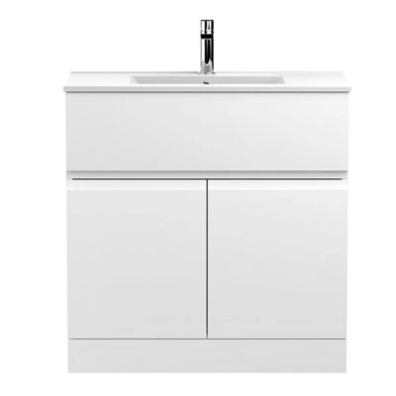 Image of Nuie Hudson Reed Urban Floor Standing 2 Door 1 Drawer Vanity Unit With Minimalist Basin, Modern Vanity Unit In Satin White, 800mm