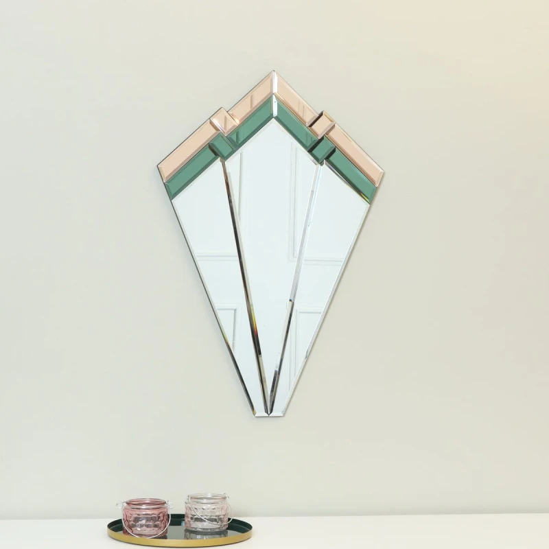 Image of Melody Maison Green & Pink Glass Art Deco Fan Wall Mirror 60cm X 40cm Green