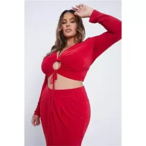 Image of I Saw It First Red Plus Size Slinky Tie Front Long Sleeve Crop Top - Red