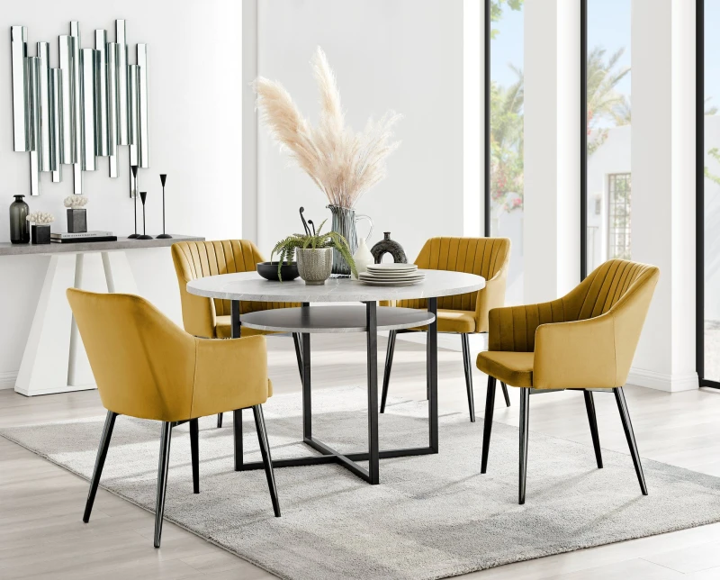 Image of FurnitureboxUK FurnitureboxUK Adley Grey Concrete Effect Round Dining Table & 4 Calla Black Leg Velvet Chairs in Mustard Mustard One Size Unisex 50565