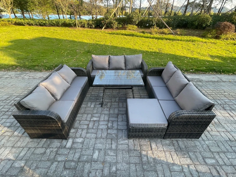 Image of Fimous 10 Seater Wicker Rattan Garden Furniture Set with Rectangular Dining Table Big Footstool Patio Outdoor Lounge Sofa Set Dark Grey