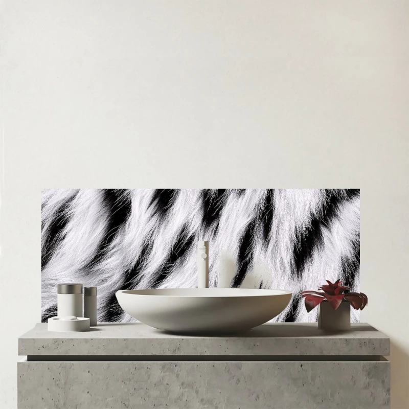 Image of Warren Reed - Designer White Tiger Print Glass Bathroom Splashback in Black Unisex