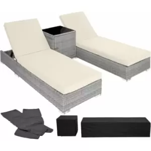 Image of Tectake - 2 sunloungers + table with protective cover rattan aluminium - reclining sun lounger, garden lounge chair, sun chair
