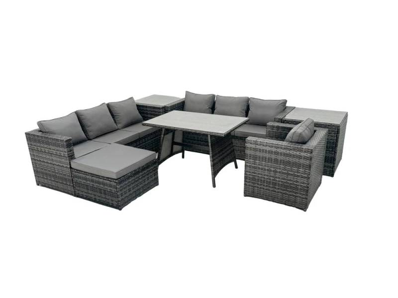 Image of Fimous Rattan Dining Table Sofa Set with 2 Side Table Big Footstool Outdoor in Dark Grey Dark Grey Unisex