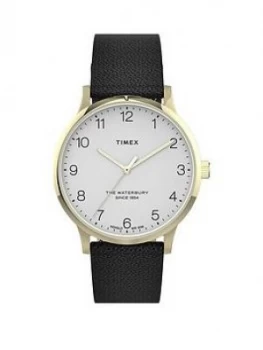 Image of Timex Timex Waterbury White And Gold Detail 36Mm Dial Black Leather Strap Watch
