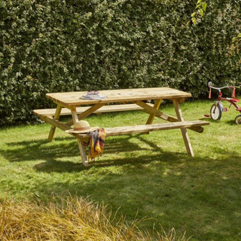 Image of Cerland Romane 6 Seater Wooden Picnic Table With Folding Benches 6ft - Pressure Treated