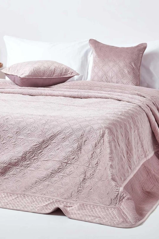 Image of Homescapes Luxury Quilted Velvet Bedspread Geometric Pattern Throw Pink