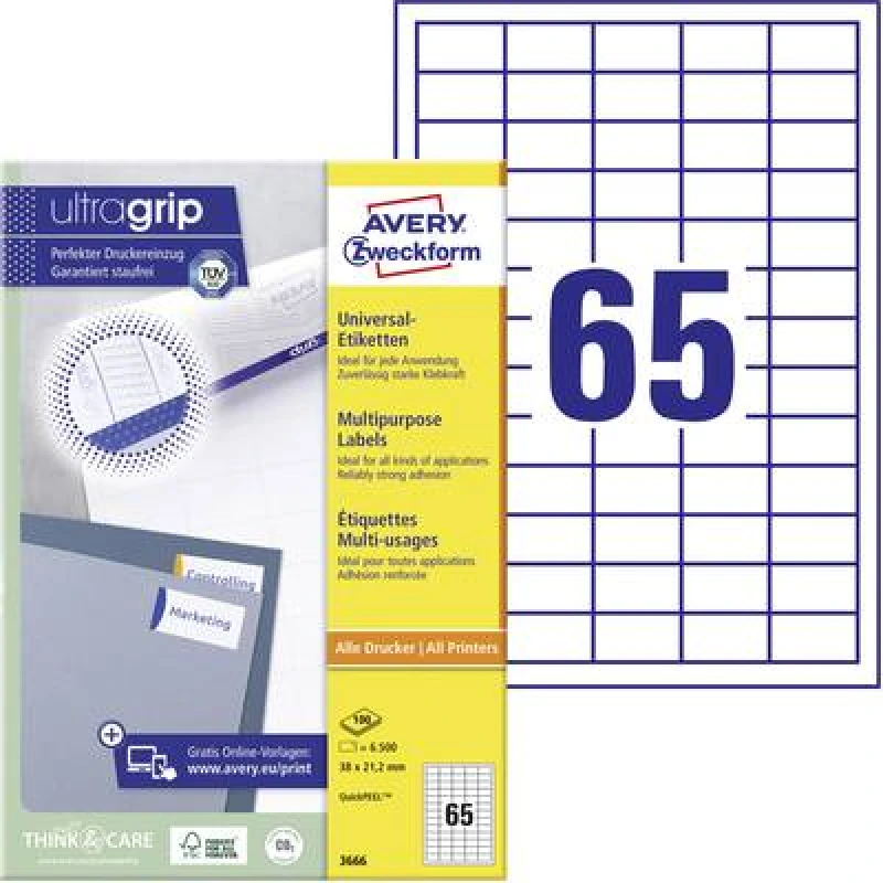 Image of Avery-Zweckform Avery-Zweckform 3666 All-purpose labels 38 x 21.2mm Paper White 6500 pc(s) Permanent adhesive Inkjet printer, Laser printer, Laser, c